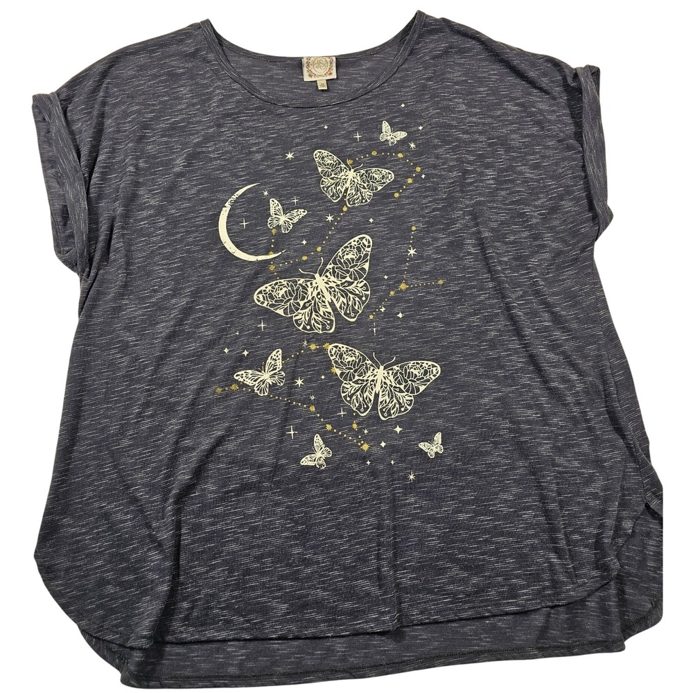 Tru Self Womens 3X Butterfly Celestial Graphic T-Shirt Gray Space Dye Moon Star